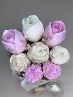 Wickory Blossom Bud handcrafted beeswax mini floral bouquet in purple tones, a compact and elegant candle gift arrangement