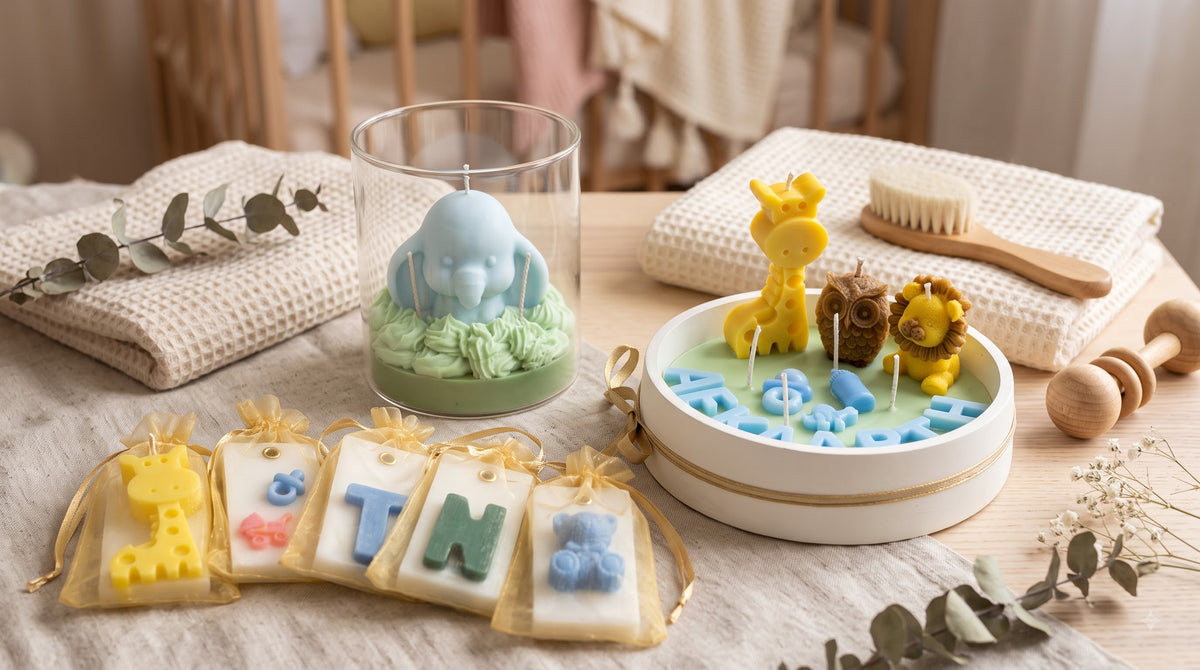 Soft Beginnings baby candles and personalised name sachets in pastel blue and yellow