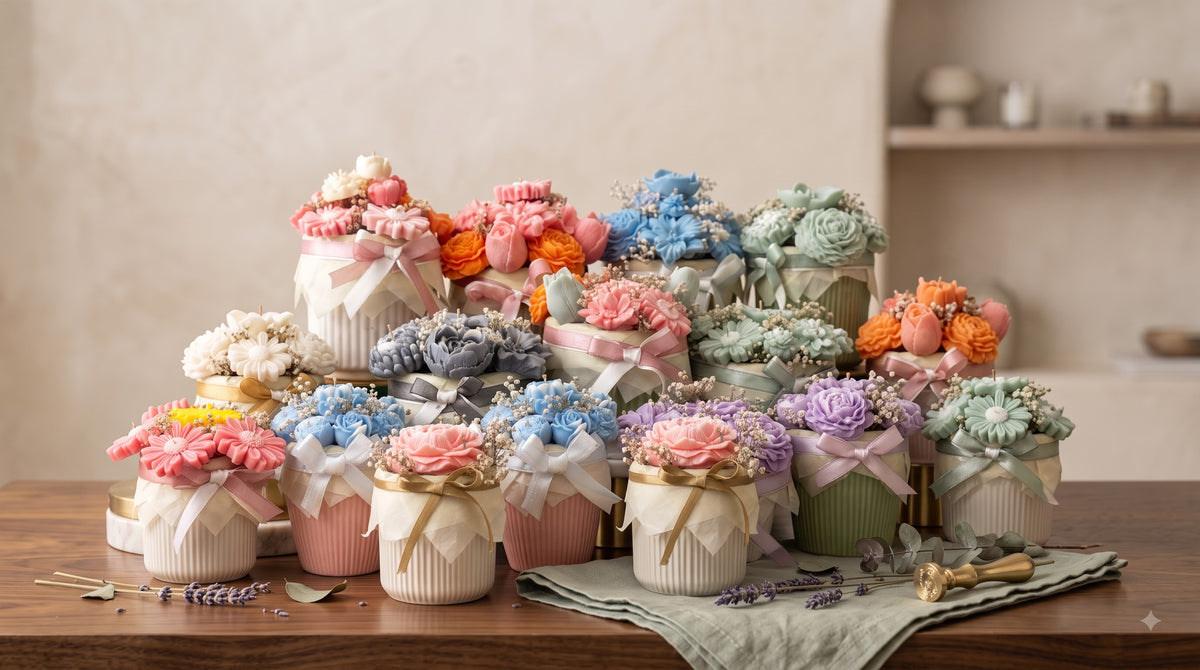 Hand-sculpted candle flower bouquets in soft pastel shades