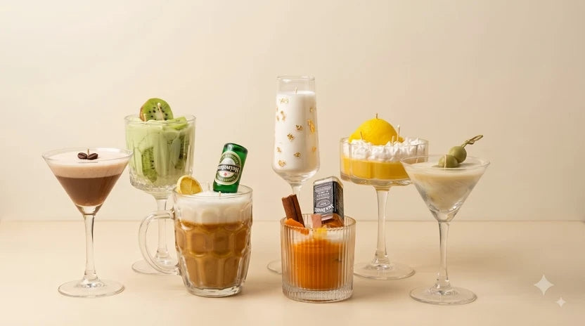 Cocktail candles in martini, coupe, rocks and flute glasses and a beer mug
