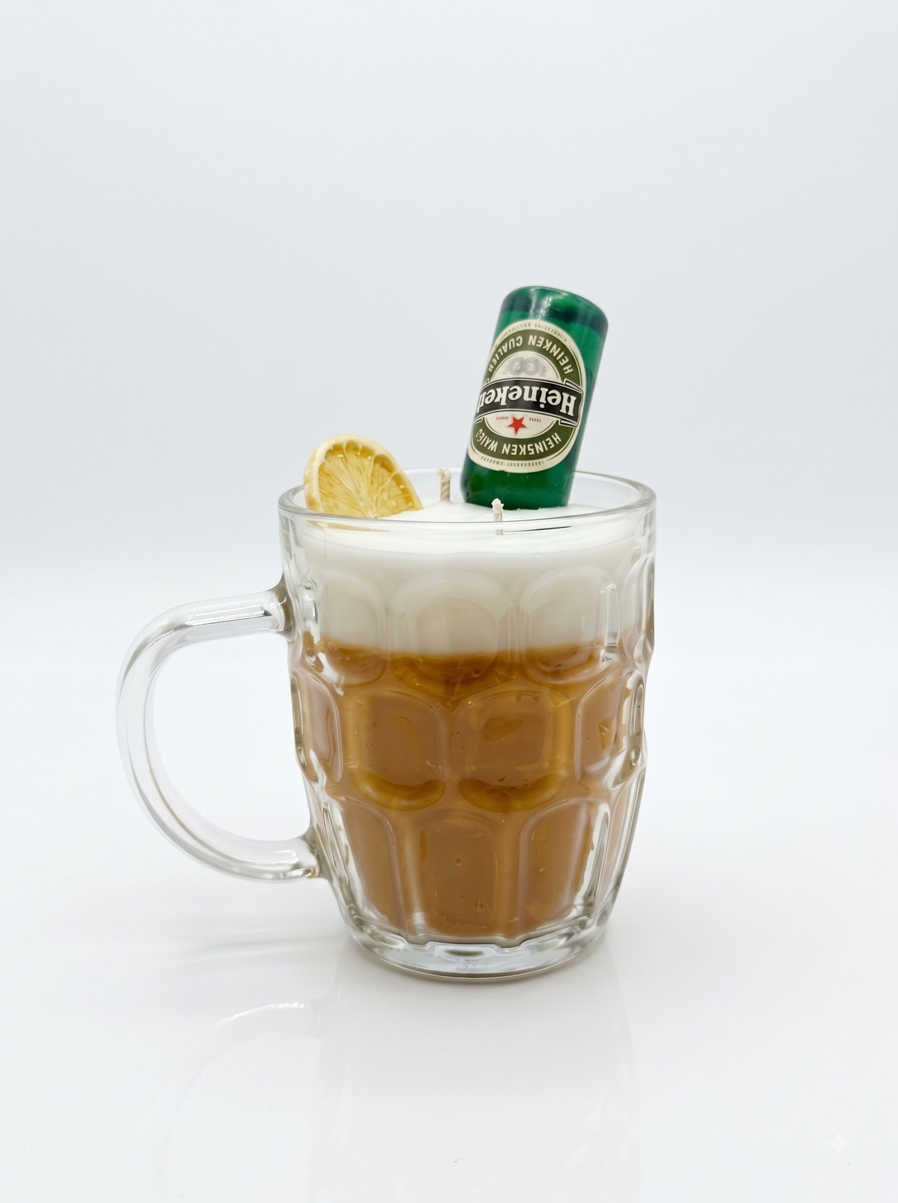 Wickory Beer Mug beeswax candle, golden wheat-beer-toned wax in a classic glass mug topped with a foamy white head