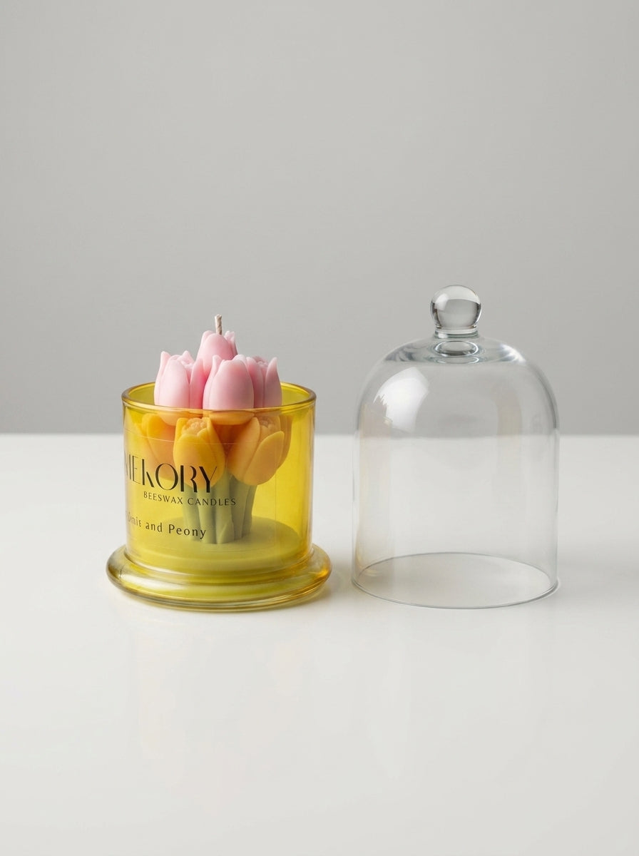 Wickory Bloom Bell beeswax candle, sculpted tulips arranged beneath a glass bell cloche