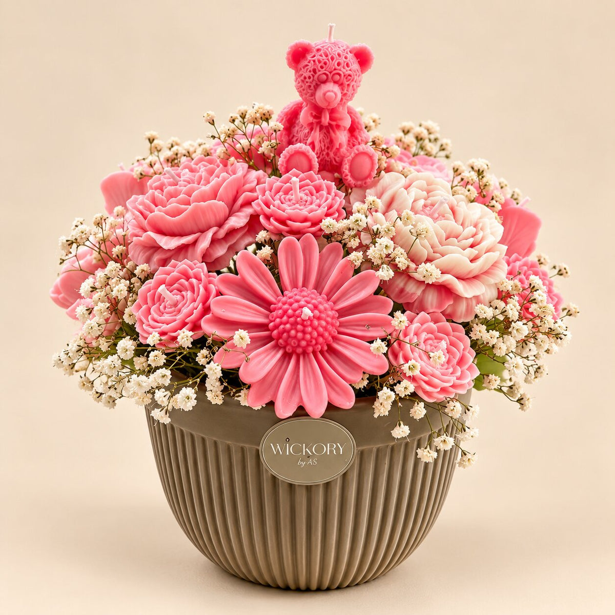 Wickory Blossom Bear Bouquet: pink and white hand-sculpted beeswax flower candles with a small sculpted teddy bear, in a ribbed grey pot