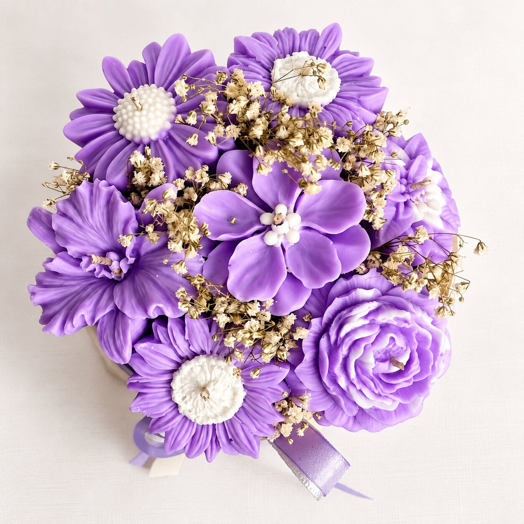 Wickory Blossom Bunch: lavender and purple sculpted beeswax flower candles with daisy-style blooms and roses, tied with a lavender ribbon