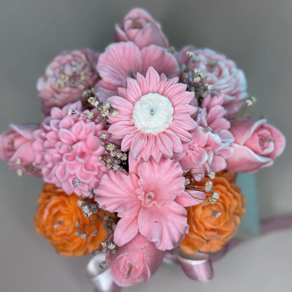 The Blossom Garden: pink gerbera daisies, pink roses and orange peonies in sculpted beeswax