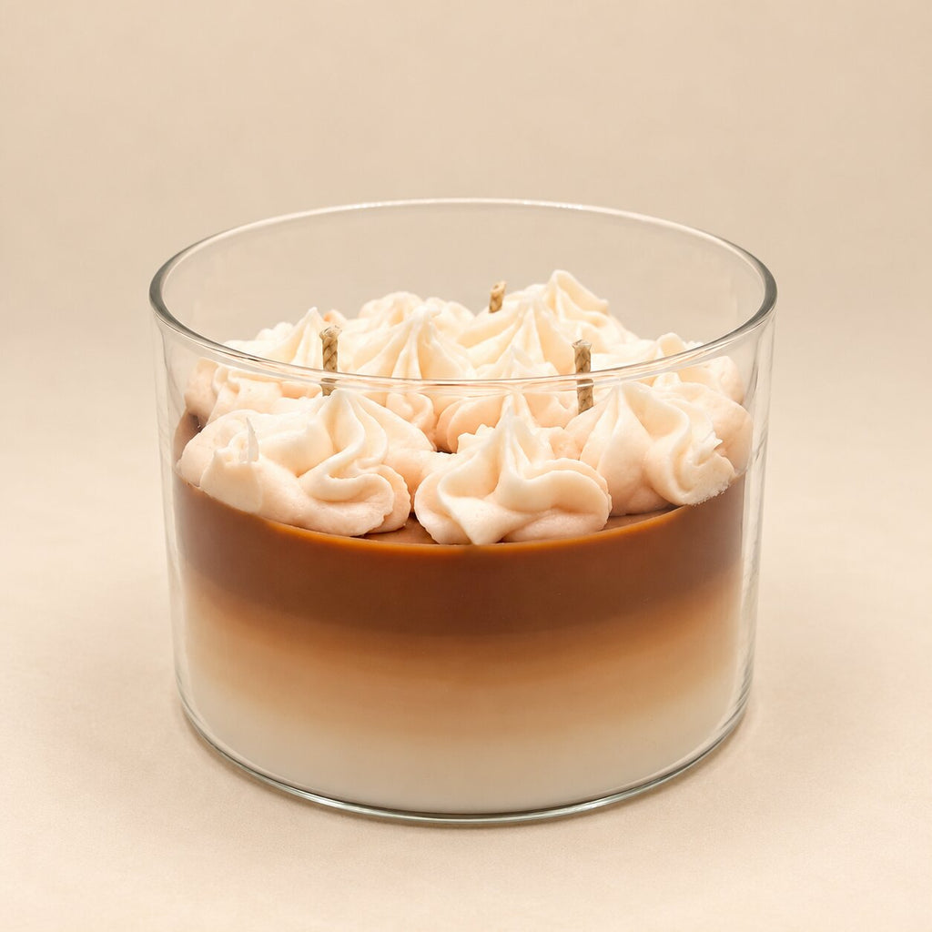 The Café Aura: layered coffee candle with whipped wax topping, side view