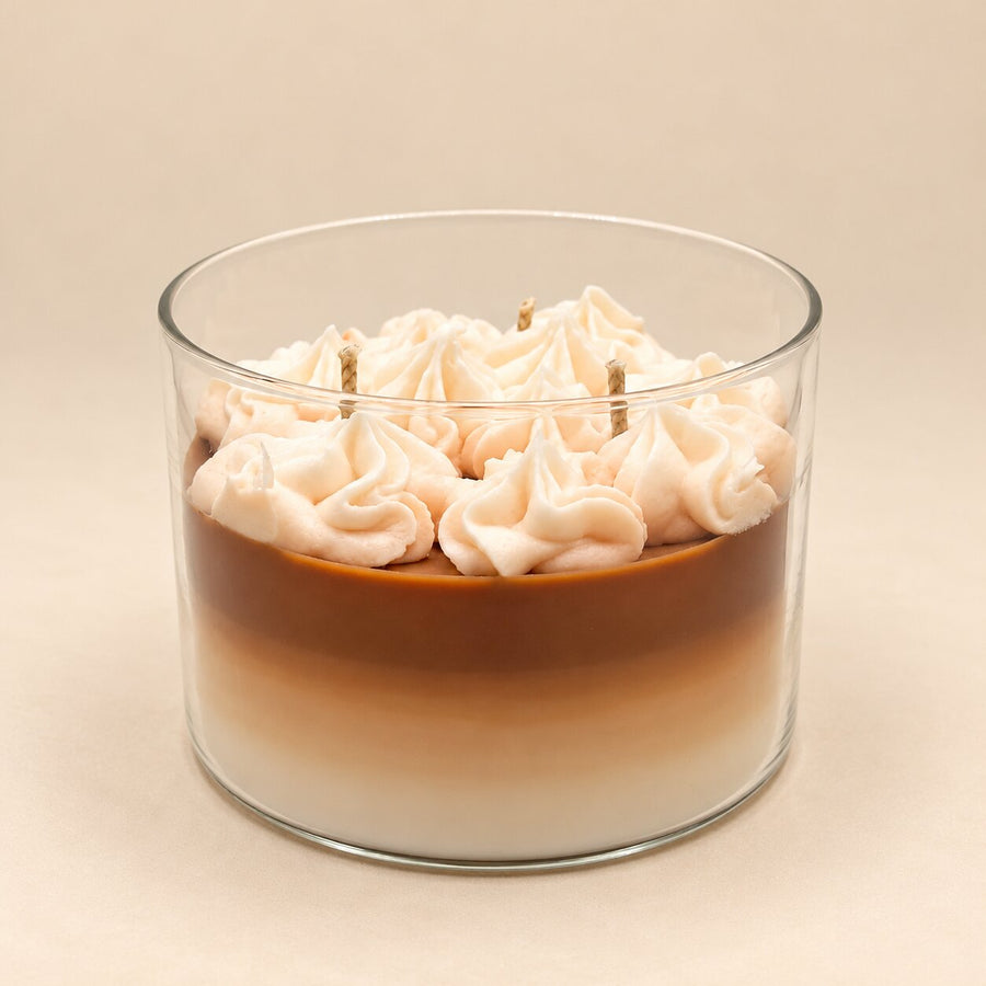 The Café Aura: layered coffee candle with whipped wax topping, side view