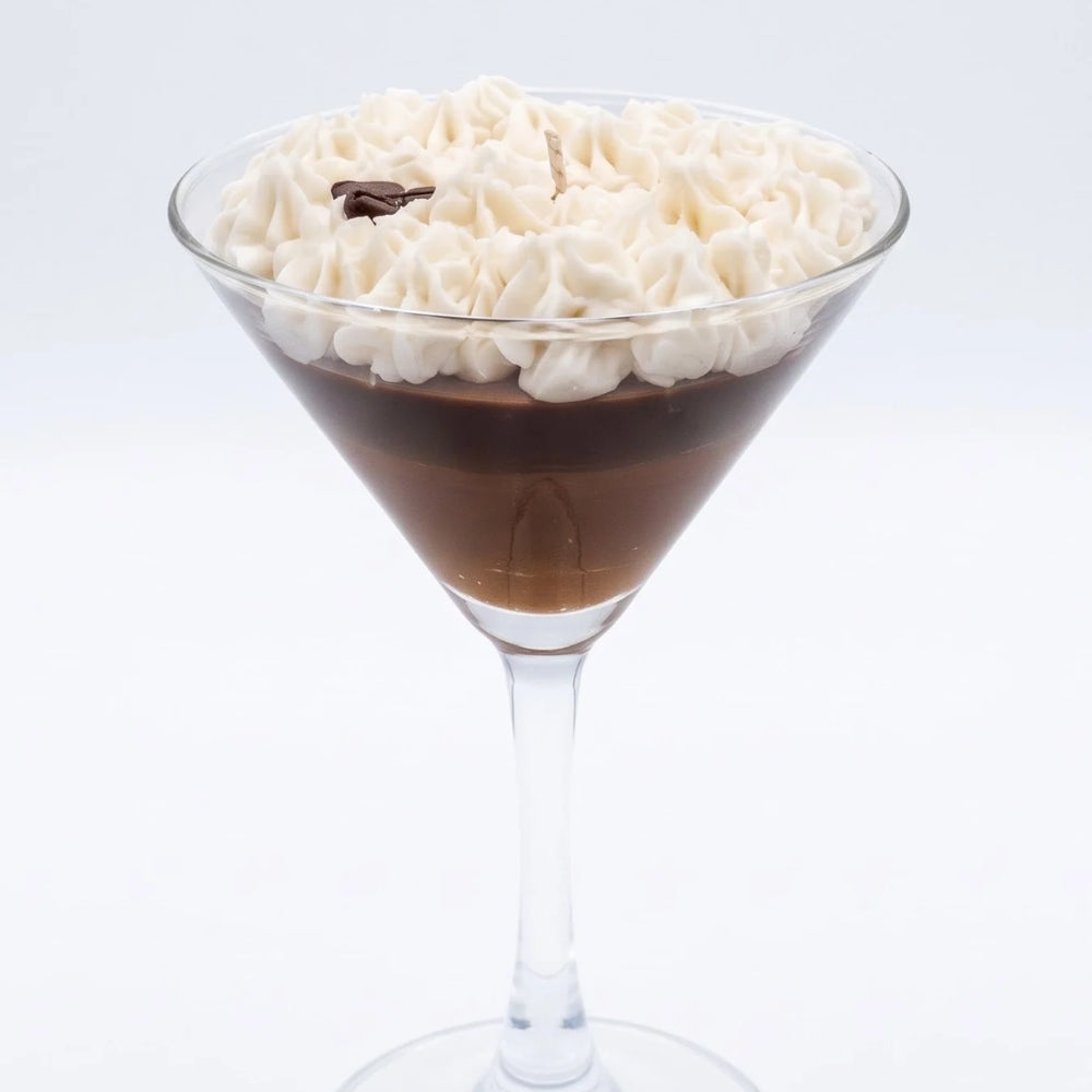 Close-up of the Espresso Martini candle: dark coffee-coloured wax under a whipped white top