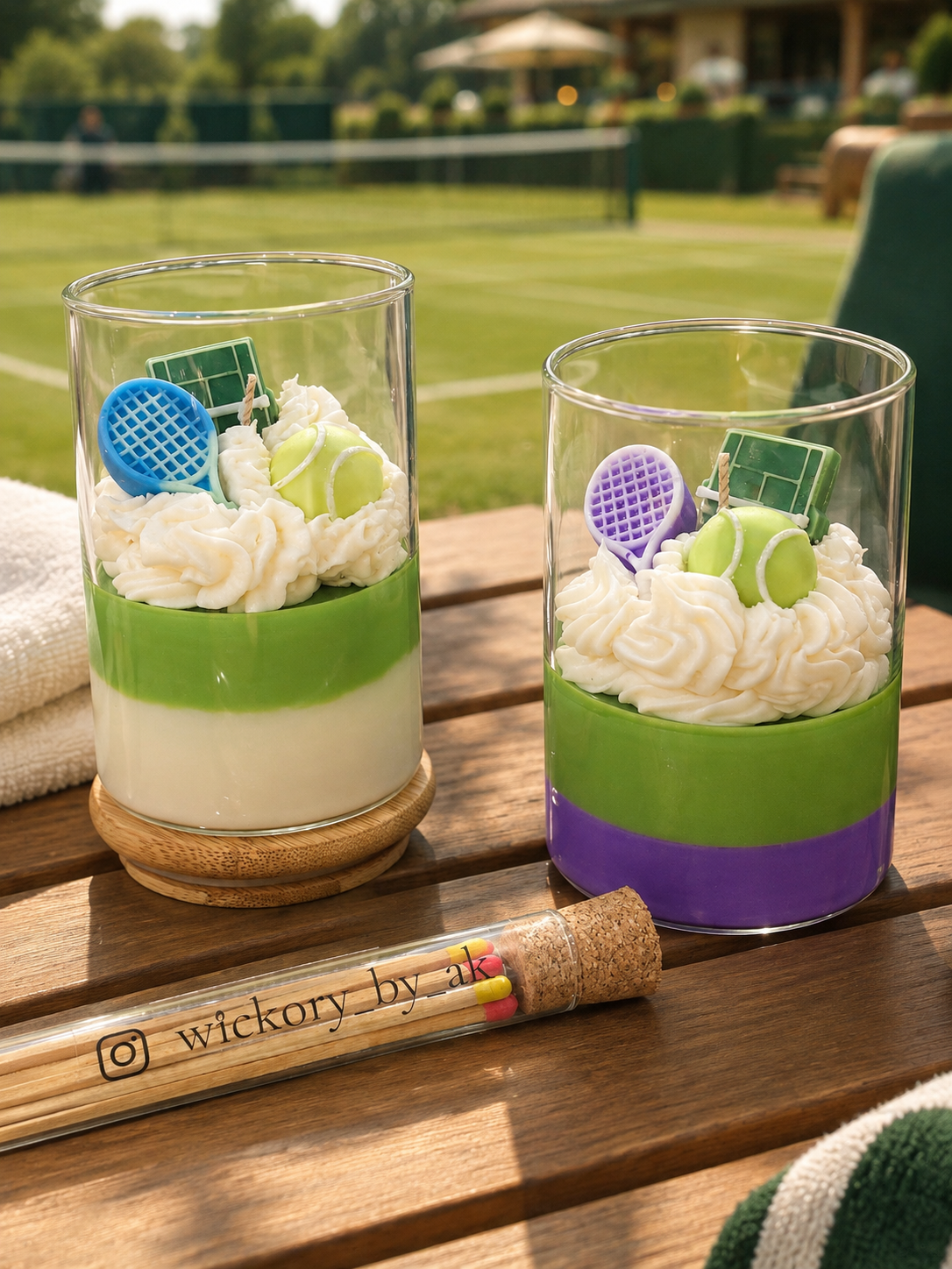 Wickory Tennis Candle: two glass jar candles in green-and-ivory and green-and-purple layers, topped with whipped wax, sculpted tennis balls and racquets, beside a tennis court