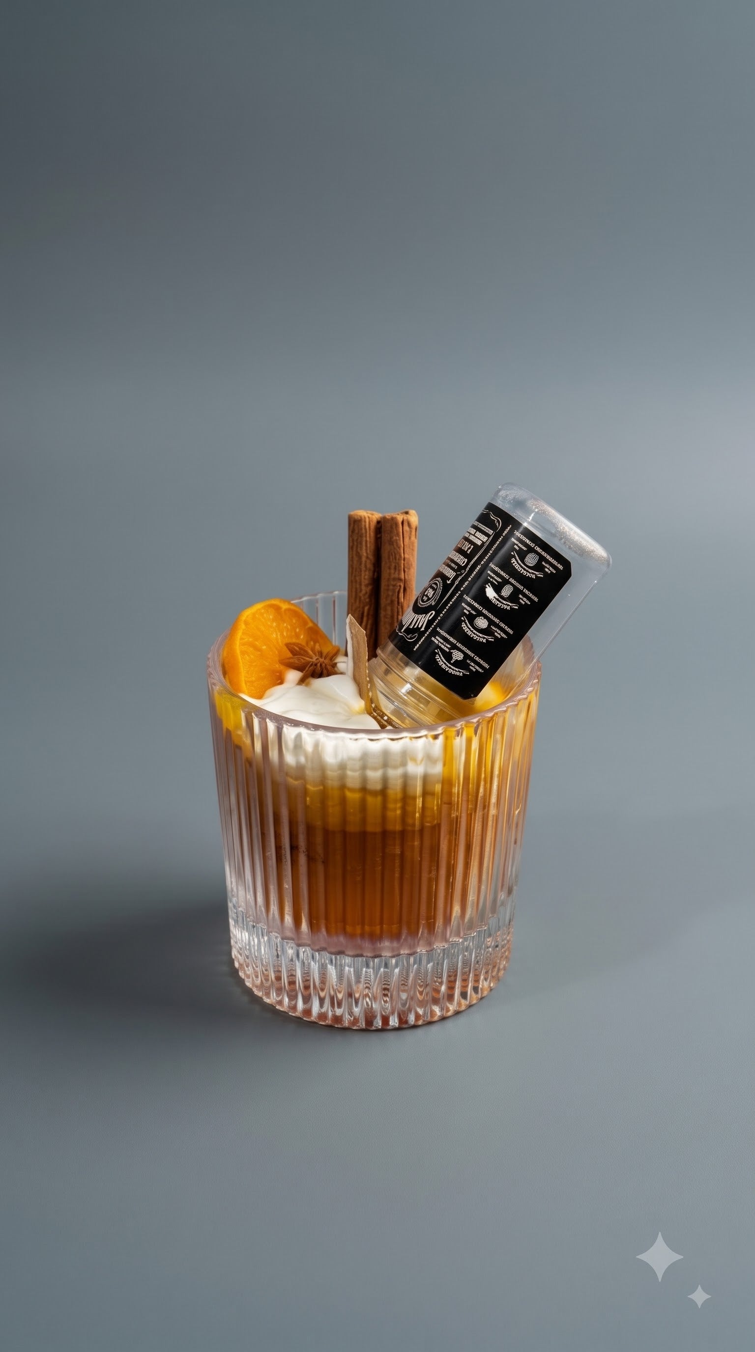 Wickory Whiskey Sour beeswax candle in a ribbed rocks glass, rich amber wax finished with a sculpted orange wheel